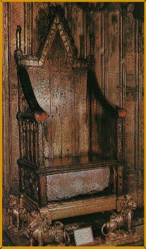 Edward's Chair. The Coronation chair built by Edward I to contain the Coronation Stone>

The Coronation Chair of England has been in constant use to crown the 
Monarchs of England since 1296 AD when Edward I had it constructed for 
his coronation.  The chair was built specifically to house the Coronation 
Stone which Edward brought from Scotland.  It had resided there since being 
brought by Fergus from Ireland in 500 AD.  It